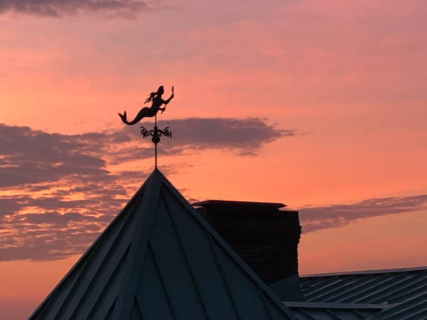 Close up of weathervane in rooster shape silhouetted on a rooftop, sunset sky in the background with copy space on the left. A Coruna province , Galicia, Spain.