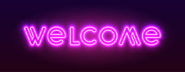 Welcome neon light banner. UV extra glowing poster title. Night club bar illuminated led halogen tube ultraviolet lights. Fluorescent editable stroke bright signboard inscription lettering glow lamp