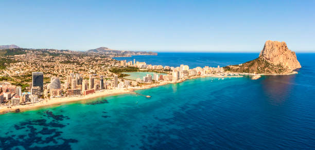 Aerial view of Calp city with beach and Ifach rock in Costa Blanca Spain stock photo