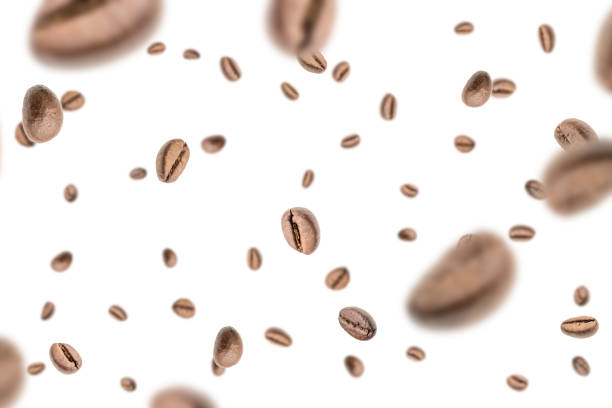 istock Coffee beans falling background. Black espresso coffee bean flying. Aromatic grain fall isolated on white. Represent breakfast for energy and freshness concept. 1423713880
