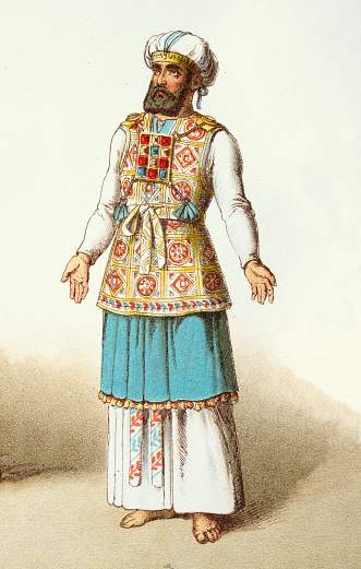 Vintage illustration High priest in regalia, Near Eastern, Fashion of ancient world. Hoher Priester in Ornat. vorderasiatisch