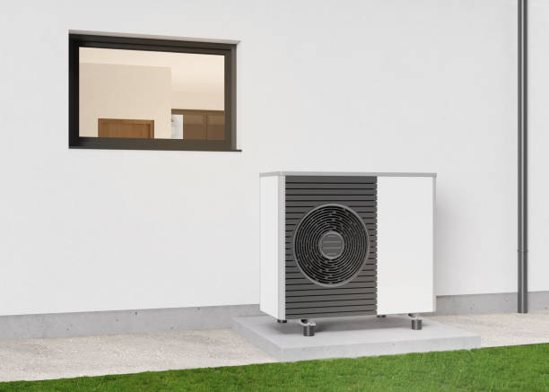 istock Air heat pump standing outdoors. Modern, environmentally friendly heating. Save your money with air pump. Air source heat pumps are efficient and renewable source of energy. 3d rendering. 1423715240