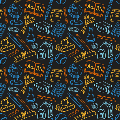 istock School supply seamless pattern background with modern line style colored icons. 1423717487