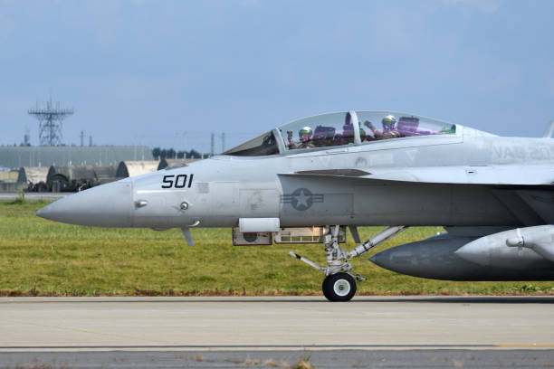 United States Navy Boeing EA-18G Growler electronic warfare aircraft from VAQ-209 "Star Warriors". Aomori Prefecture, Japan - September 11, 2022:United States Navy Boeing EA-18G Growler electronic warfare aircraft from VAQ-209 "Star Warriors". misawa japan stock pictures, royalty-free photos & images