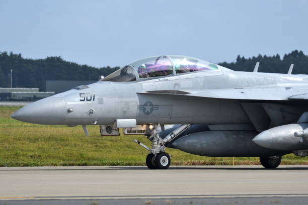 United States Navy Boeing EA-18G Growler electronic warfare aircraft from VAQ-209 "Star Warriors". Aomori Prefecture, Japan - September 11, 2022:United States Navy Boeing EA-18G Growler electronic warfare aircraft from VAQ-209 "Star Warriors". misawa japan stock pictures, royalty-free photos & images