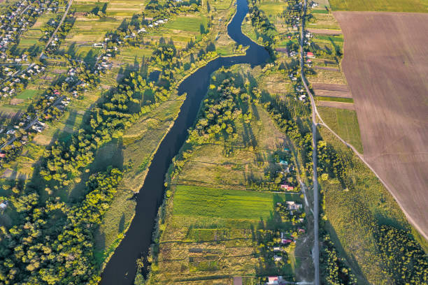 istock Drone view over summer sunset river Ros landscape, Ukraine. 1423722393