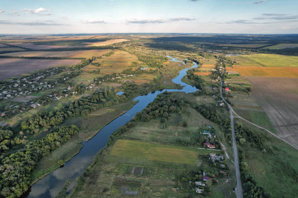 istock Drone view over summer sunset river Ros landscape, Ukraine. 1423722396