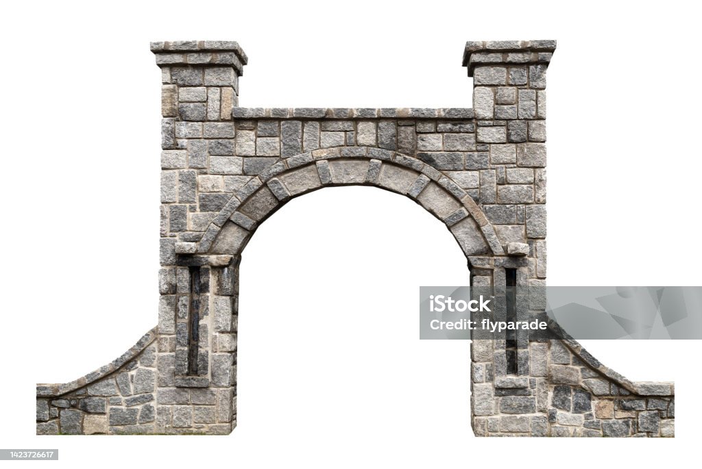 ancient architectural door with stone arcade archway and surrounding wall isolated on white background front view closeup of ancient door with architectural stone arcade archway and surrounding wall isolated on white background Arch - Architectural Feature Stock Photo