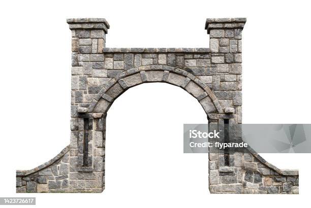Ancient Architectural Door With Stone Arcade Archway And Surrounding Wall Isolated On White Background Stock Photo - Download Image Now