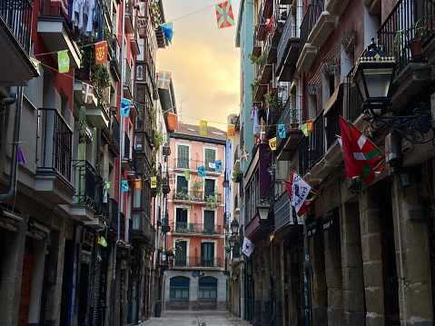 Spain - Bilbao - one of the narrow streets of the old historic quarter (Casco Viejo) with its colorful facades