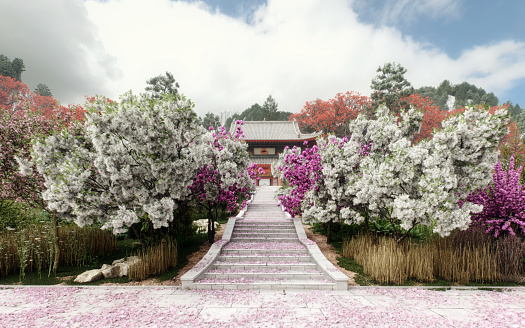 Digitally generated idyllic Japanese scenery with blossoming/flowering trees, creating an atmosphere of peace and hope.\n\nThe scene was created in Autodesk® 3ds Max 2023 with V-Ray 6 and rendered with photorealistic shaders and lighting in Chaos® Vantage with some post-production added.