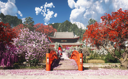 Digitally generated idyllic Japanese scenery with blossoming/flowering trees, creating an atmosphere of peace and love.\n\nThe scene was created in Autodesk® 3ds Max 2024 with V-Ray 6 and rendered with photorealistic shaders and lighting in Chaos® Vantage with some post-production added.