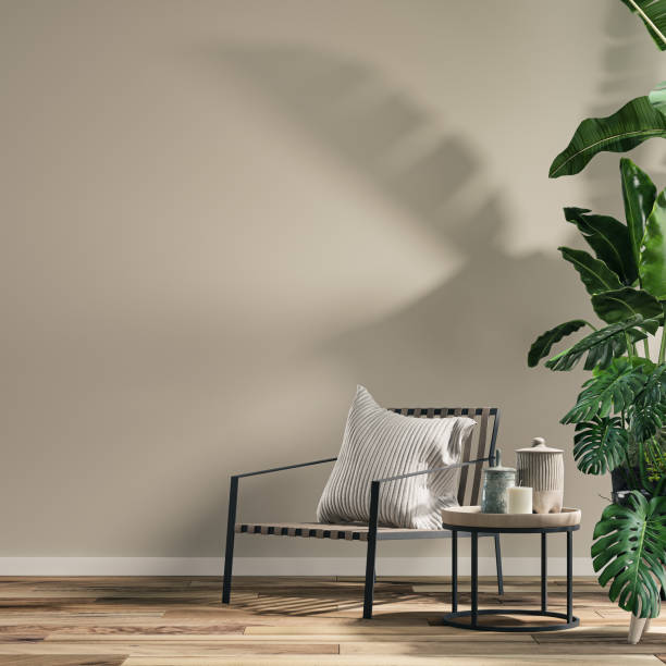 istock Empty cozy retro interior with a chair and potted plants, 70 - 80s decoration 1423731427