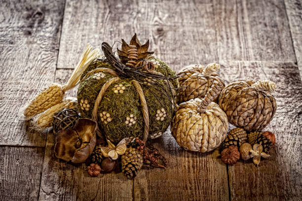 This is a close up photo of tweed pumpkins on a wood textured background. This image would work well for autumn, fall, Thanksgiving and a holiday Halloween season in the fall.