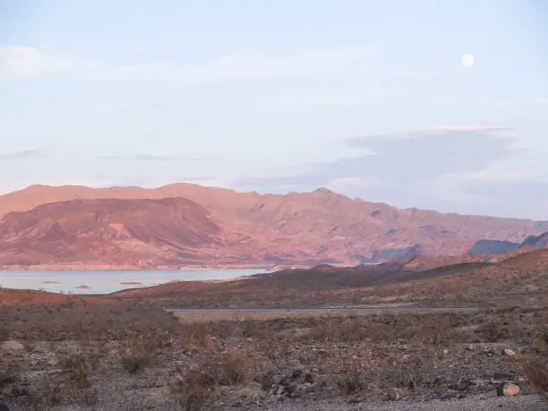 Lake mead, water reservior surrounded by desert land and landforms in Nevada.
