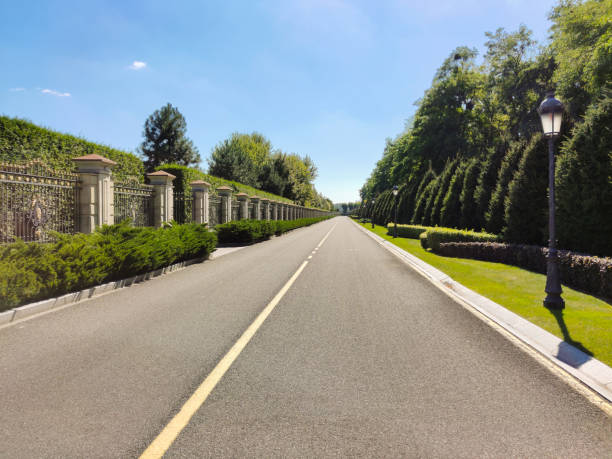 A long asphalt empty road in perspective between a decorated fence and a park with rows of trees