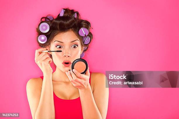 Makeup Mascara Woman With Hair Rollers Stock Photo - Download Image Now - Hair Curlers, Make-Up, Women