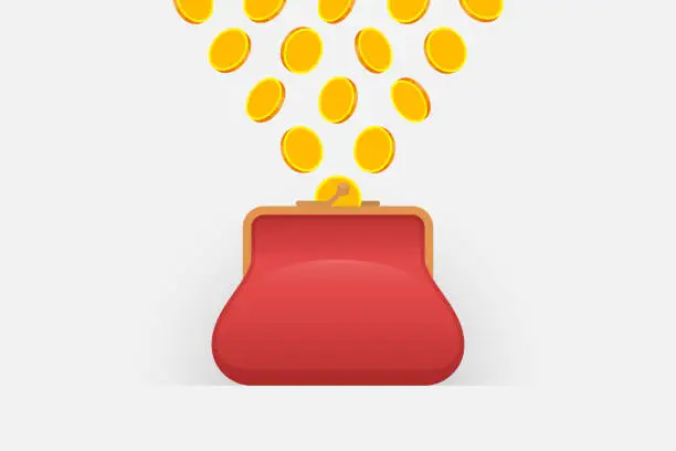 Vector illustration of Gold coins are falling in red purse over gray background