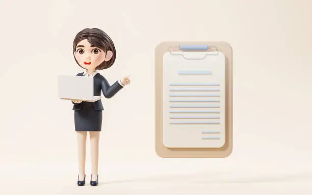 Photo of Business girl with the paper file, 3d rendering.