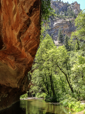 Hiking along the West Fork of Oak Creek among the scenic cliffs and water,  Oak Creek Canyon, Arizona