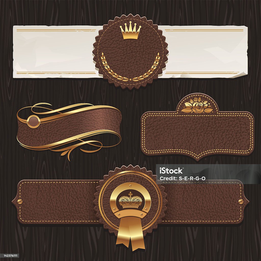 Vector set of leather & golden framed labels Leather stock vector