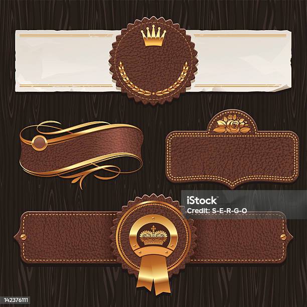 Vector Set Of Leather Golden Framed Labels Stock Illustration - Download Image Now - Leather, Placard, Wood - Material