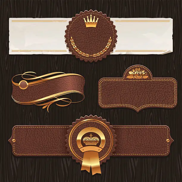 Vector illustration of Vector set of leather & golden framed labels