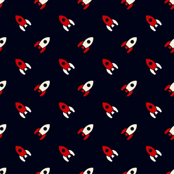 Vector illustration of Small red-white space rockets isolated on a dark blue background. Cute seamless pattern. Vector simple flat graphic illustration. Texture.