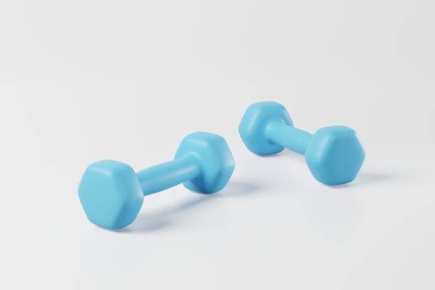 istock Minimal blue dumbbell isolated on white background. Weight training activity, bodybuilding exercise, daily gym and fitness, dieting for health, sport muscular building equipment concept. 3d rendering 1423761792