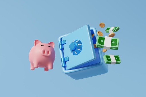 Blue Floating safe box with money coins banknote pink piggy bank blue background. Money savings for retirement in a strongbox, inflations, pension, financial security protection concept. 3d rendering