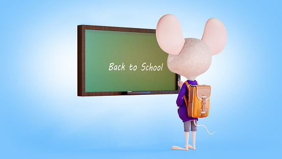 Back to school, cartoon schoolboy and chalkboard. Funny mouse is a schoolboy, standing at the blackboard in the classroom. 3d Rendering