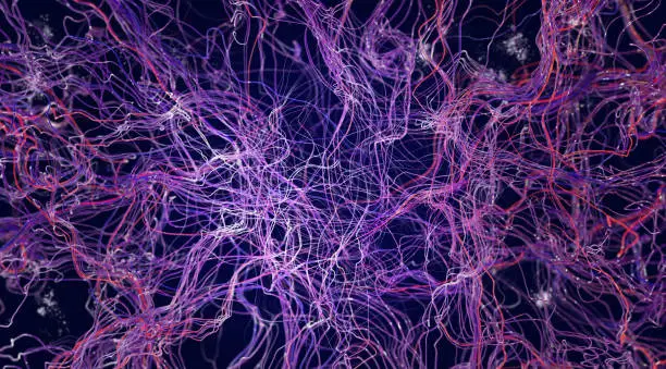 Photo of Brain connections, synapse, medical illustration under a microscope. Neurons and veins, 3d rendering. Neural connections, brain diseases