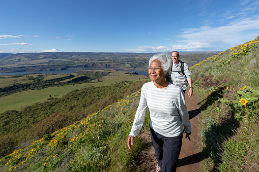 An active mixed race senior couple hikes together on a trail with wildflowers on a sunny and cool day. They are enjoying nature together and loving their freedom in retirement