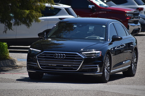 Audi luxury sedan cruises through Hermann Park, Houston TX