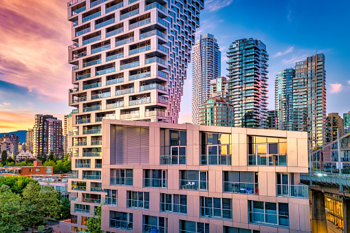Condos in downtown Vancouver, British Columbia, Canada at sunset.