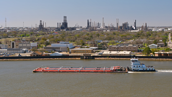 Oil Barge on Gulf Intracoastal Waterway in Port Arthur, TX - Aerial
