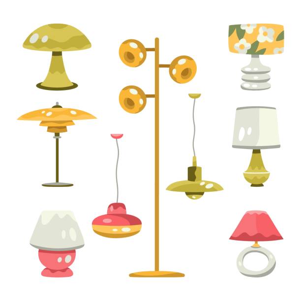 Set of retro bedside, desk and ceiling lamps from the 60s, mid-century modern decorative elements vector art illustration