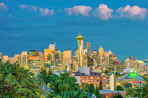 Skyline of downtown Seattle, Washington state,  USA at twilight blue hour.