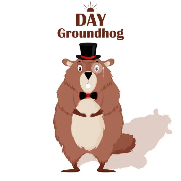 Vector illustration of Happy Groundhog Day. A serious groundhog with a shadow in a top hat, bow tie, isolated on a white background. Vector illustration.