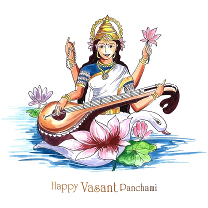 Beautiful indian festival Vasant Panchami on Indian God Saraswati Maa religious background