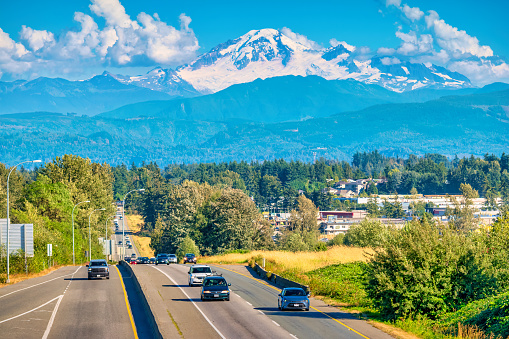 Trans-Canada Highway in Abbotsford, British Columbia, Canada with the snowcapped Mount Baker in the background.
