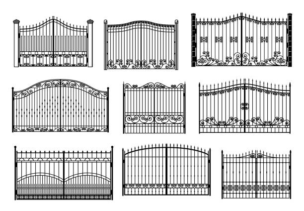 ilustraciones, imágenes clip art, dibujos animados e iconos de stock de puerta de hierro y valla metálica de entrada barreras de acero - metal gates