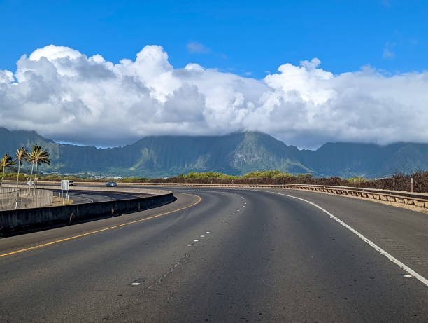 driving around on roads of oahu hawaii stock photo