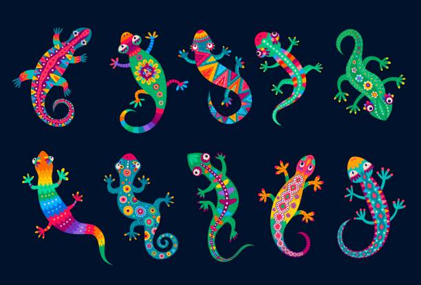 illustrazioni stock, clip art, cartoni animati e icone di tendenza di lucertola messicana e geco, ornamento di rettili divertenti - chameleon reptile colors living organism