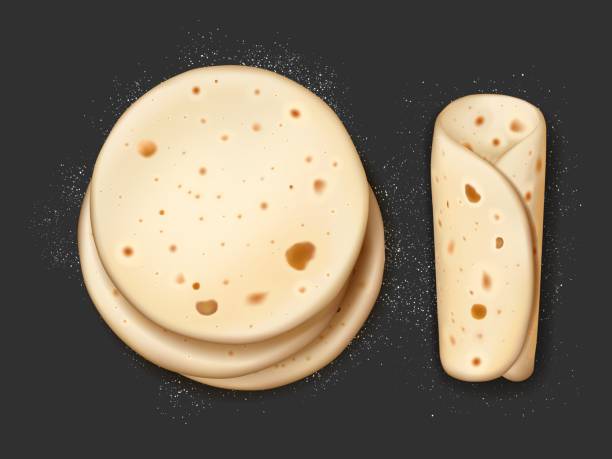 Realistic pita bread with flour, vector lavash Realistic pita bread with flour, vector 3d tortilla round and rolled lying on black table surface with scatter crumbles around. Arabic pancakes, lavash, pitta for burrito or shawarma crispy snack tortilla flatbread stock illustrations