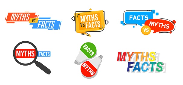 Myths vs facts icons. Truth and false, fact checking and fake news vector speak bubbles. Propaganda lie, social media rumors and false information vs truth color icons or labels