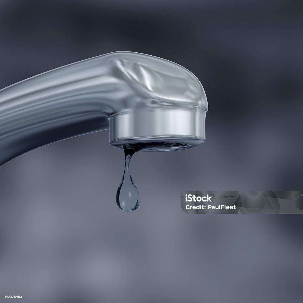 Water faucet closeup with a single water drop hanging off Illustration of a dripping tap showing water being wasted Drop Stock Photo