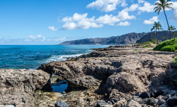 Kea'au Beach Park rocky scenes in oahu hawaii stock photo