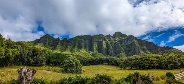 istock Kualoa mountain range panoramic view, famous filming location on Oahu island, Hawaii 1423788065