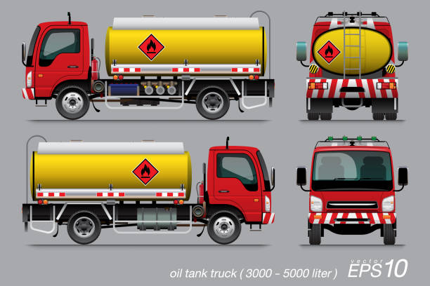 truck 34 VECTOR EPS10 - oil tank truck 6 wheel template red cab yellow tank with flammable sign
isolate on grey background. tank truck stock illustrations
